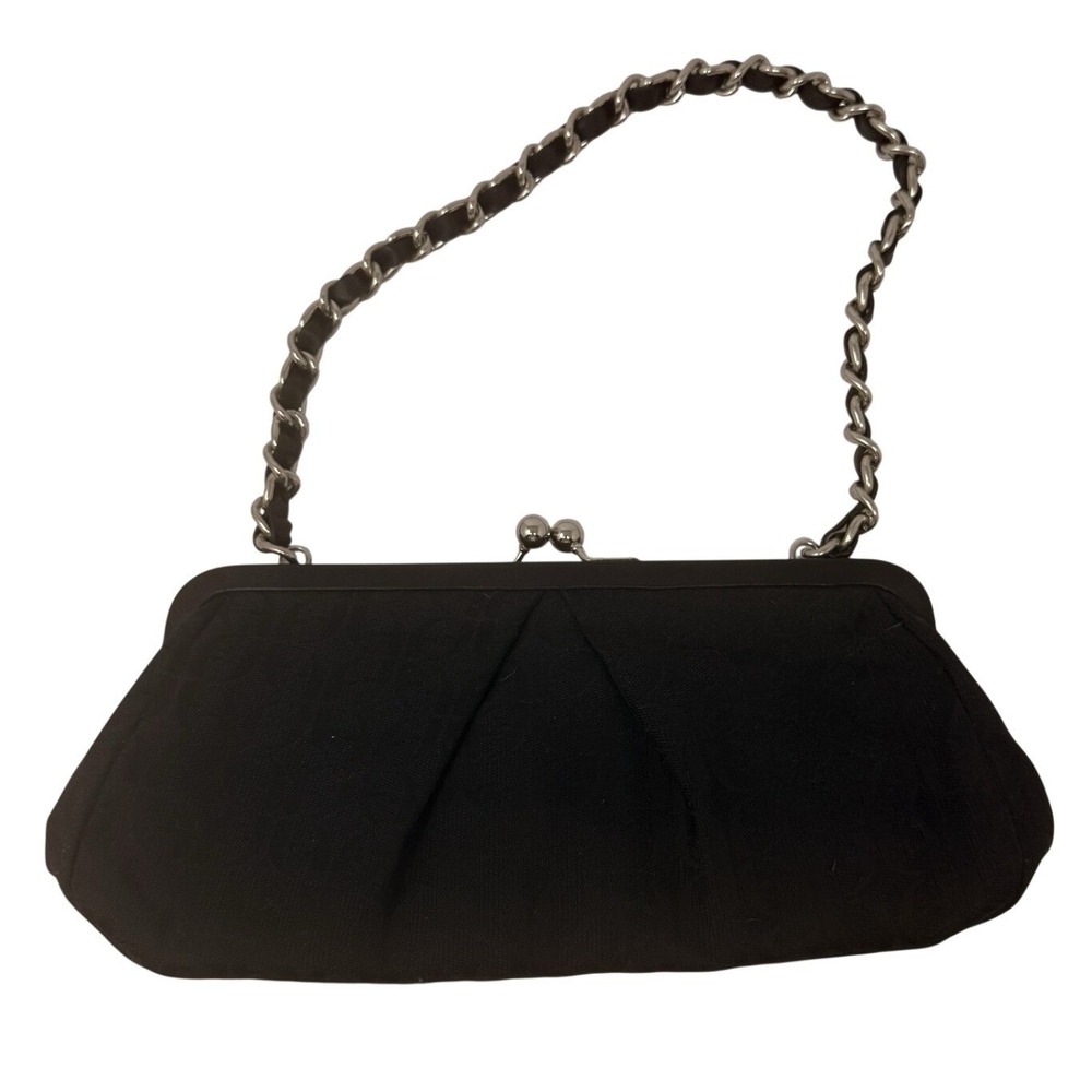 Fossil Clutch Bag Black Monogram Kiss‎ Lock Chain Strap